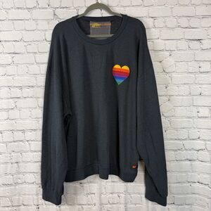 Aviator Nation Charcoal Rainbow Heart Stitch Relaxed Crew Sweatshirt  XXL Unisex